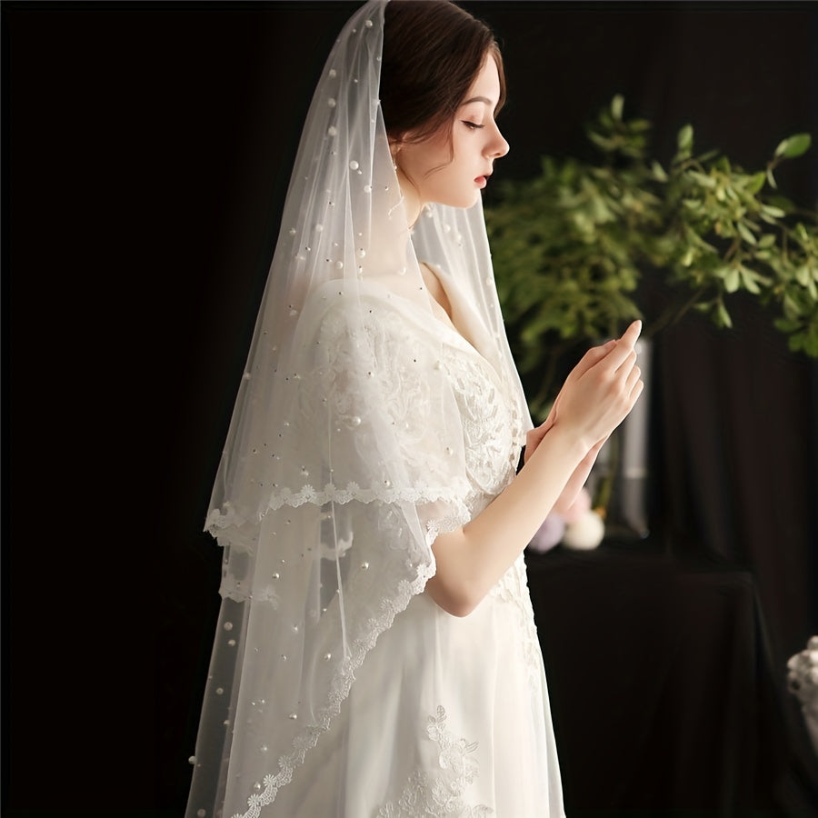 Bridal Pearl Lace Edge Head Veil Wedding Hair Accessories