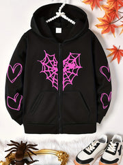 Girls Spider Web Heart Print Hoodie Jacket