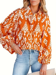 Ikat Print Button Up Lantern Sleeve Blouse
