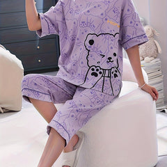 Cartoon Bear Print Pajamas Set Short Sleeve Crew Neck Top & Crop Pants