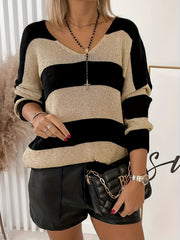 Women's Striped V-Neck Pullover Sweater