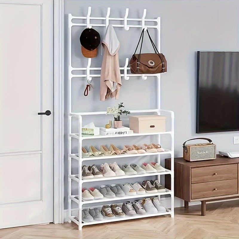 Foyer Shoe Rack Coat Rack with Storage Shelves and Double Hooks