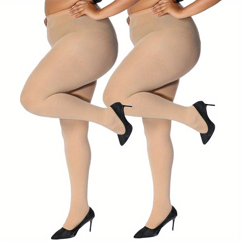 2 Pairs Plus Size Casual Pantyhose Set Women's Plus Elastic Control Top Tights