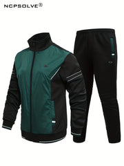 Men's Striped Sports Suit Stand Collar Jacket & Stretch Pants