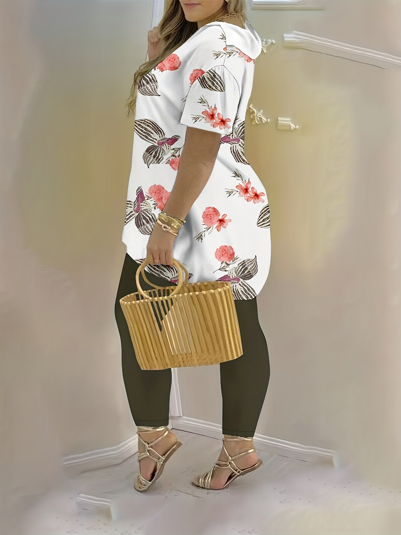 Floral Print V Neck Tunic Top & Skinny Pant Set