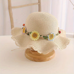 Girls' Beach Princess Straw Sun Hat with Flowers and Bag