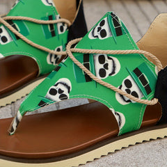 Women's Skull Pattern Thong Sandals Back Zipper Open Toe Retro Roman Flip flops