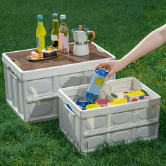 Outdoor Camping Folding Box Wooden Lid Large Capacity Storage Food Organizer