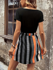 Stripe & Polka Dot Splicing Dress Crew Neck Short Sleeve Women Casual Dress