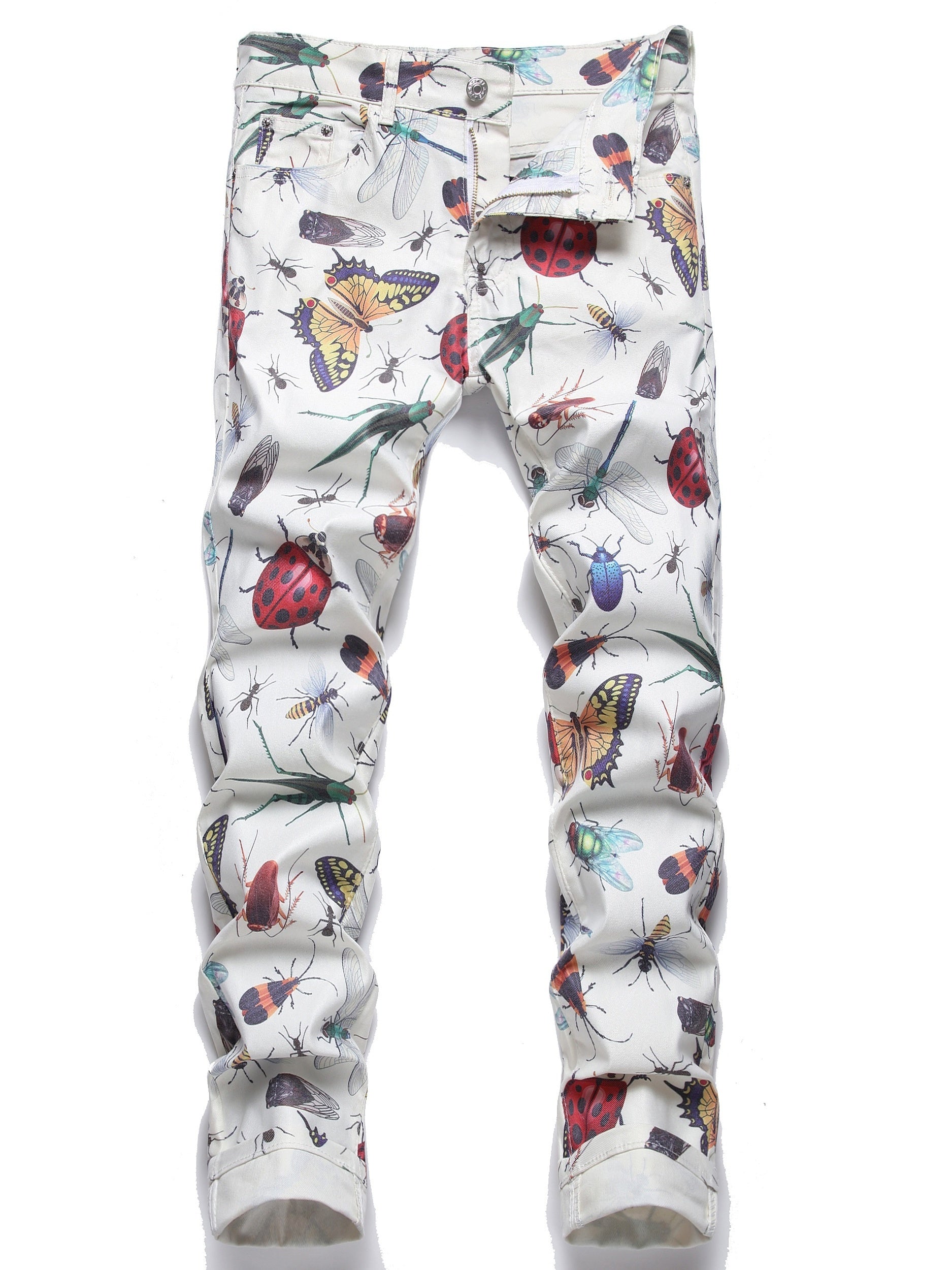 Insect Pattern Cotton Jeans Men's Casual Allover Print Denim Pants