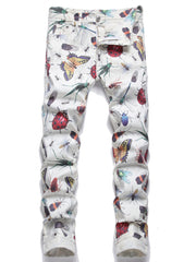 Insect Pattern Cotton Jeans Men's Casual Allover Print Denim Pants