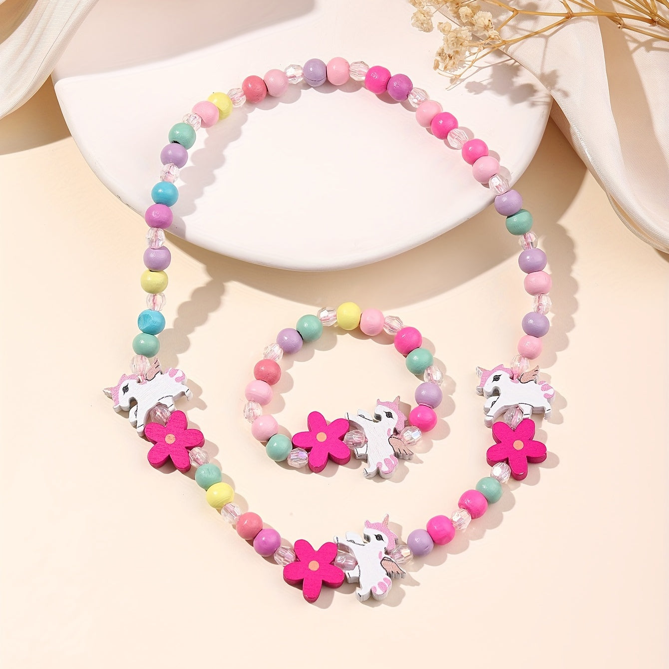 2pcs Unicorn Mermaid Beaded Bracelet Necklace Set for Girls