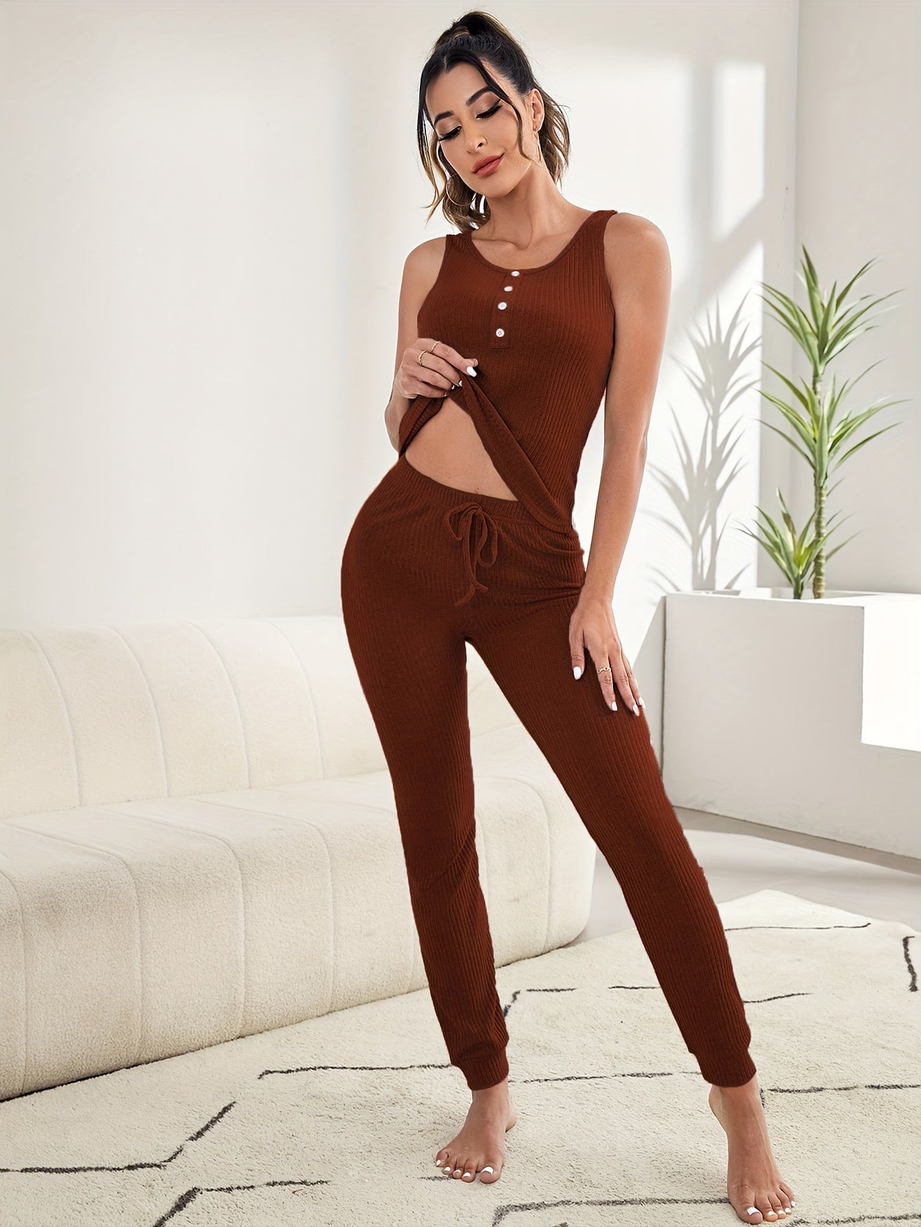 Ribbed Knit Loungewear Set Tank Top & High Waist Pants