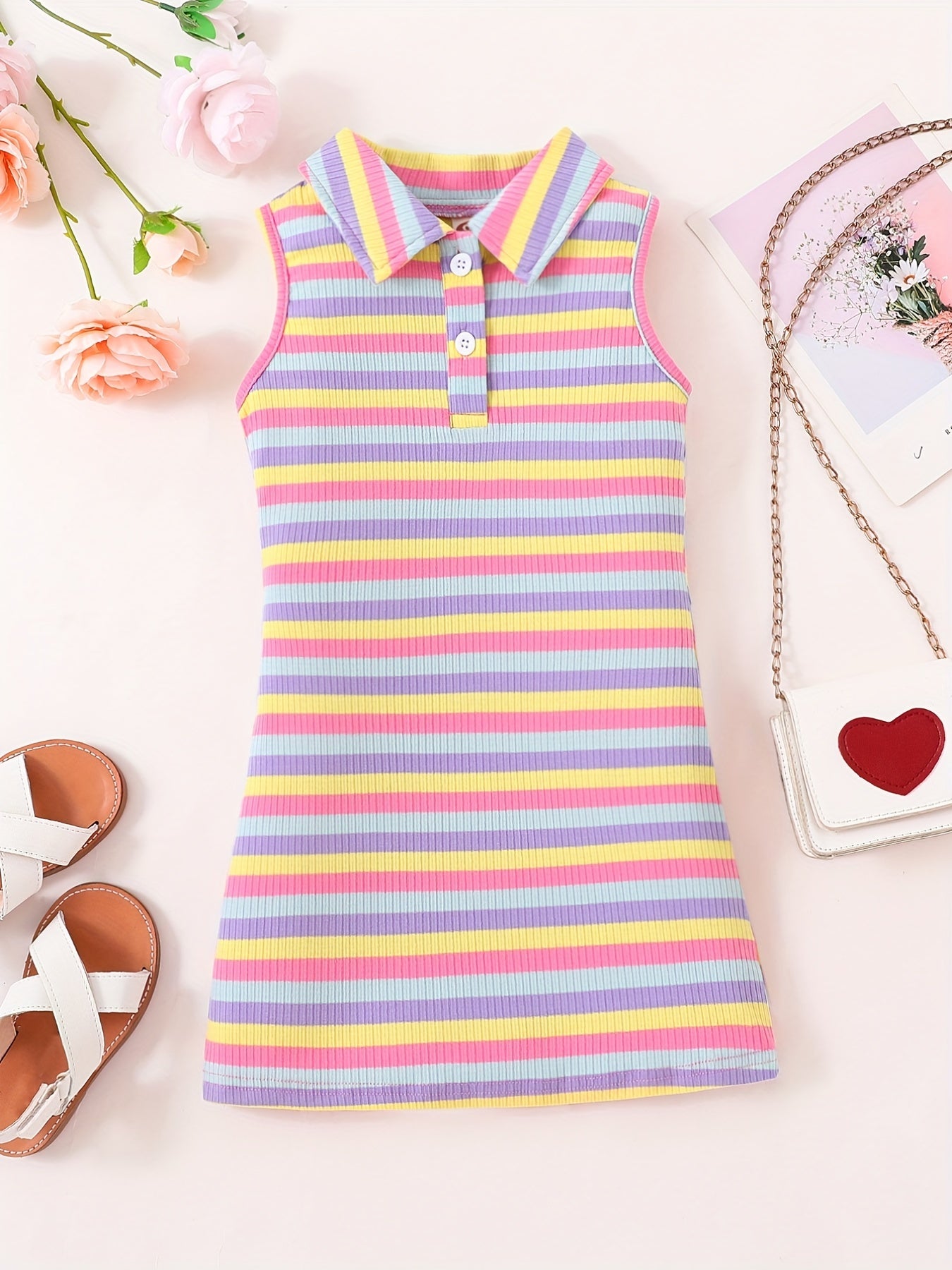Rainbow Striped Ribbed Knit Polo Neck Dress for Toddler Girls