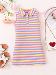 Rainbow Striped Ribbed Knit Polo Neck Dress for Toddler Girls