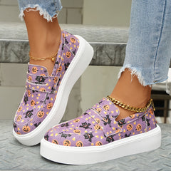 Women's Pumpkin & Cat Print Sneakers Halloween Canvas Shoes