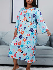 Nightdress Women's Plus Floral Print Long Sleeve Tie Neck High Stretch