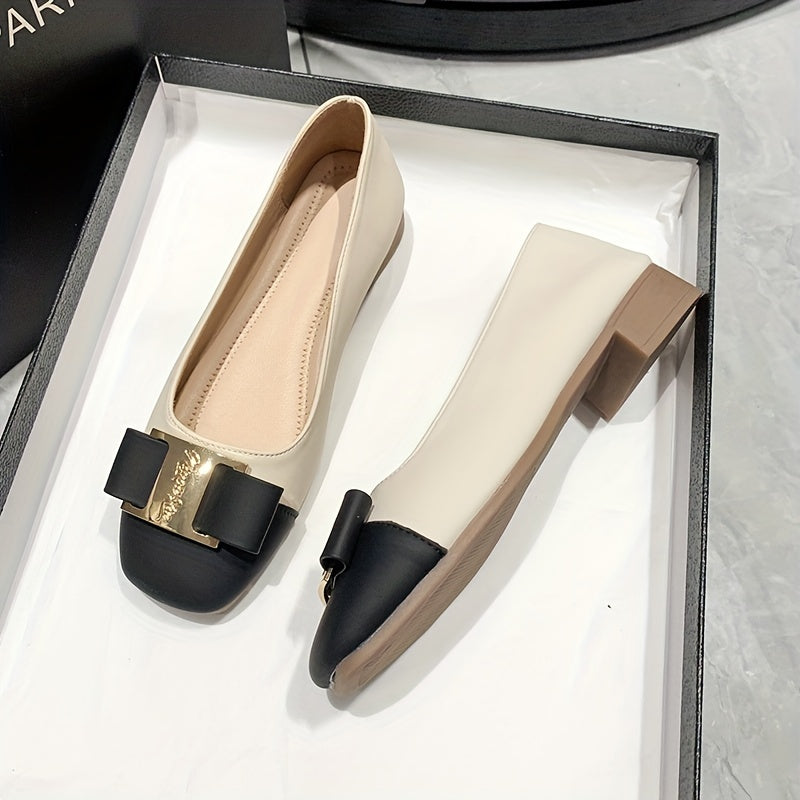 Bow Chunky Heel Square Toe Colorblock Walking Shoes