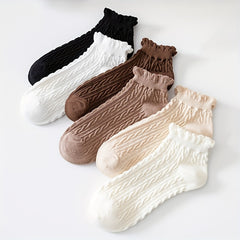 4 Pairs Floral Trim Ankle Socks Textured Causual Women's Stocking