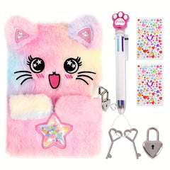 Girl Cat Diary with Lock and Key Tie Dye Plush Flocked Cover Star Cat Pink