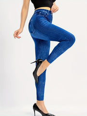 Denim Print High Waist Skinny Leggings Vintage Stretchy Leggings