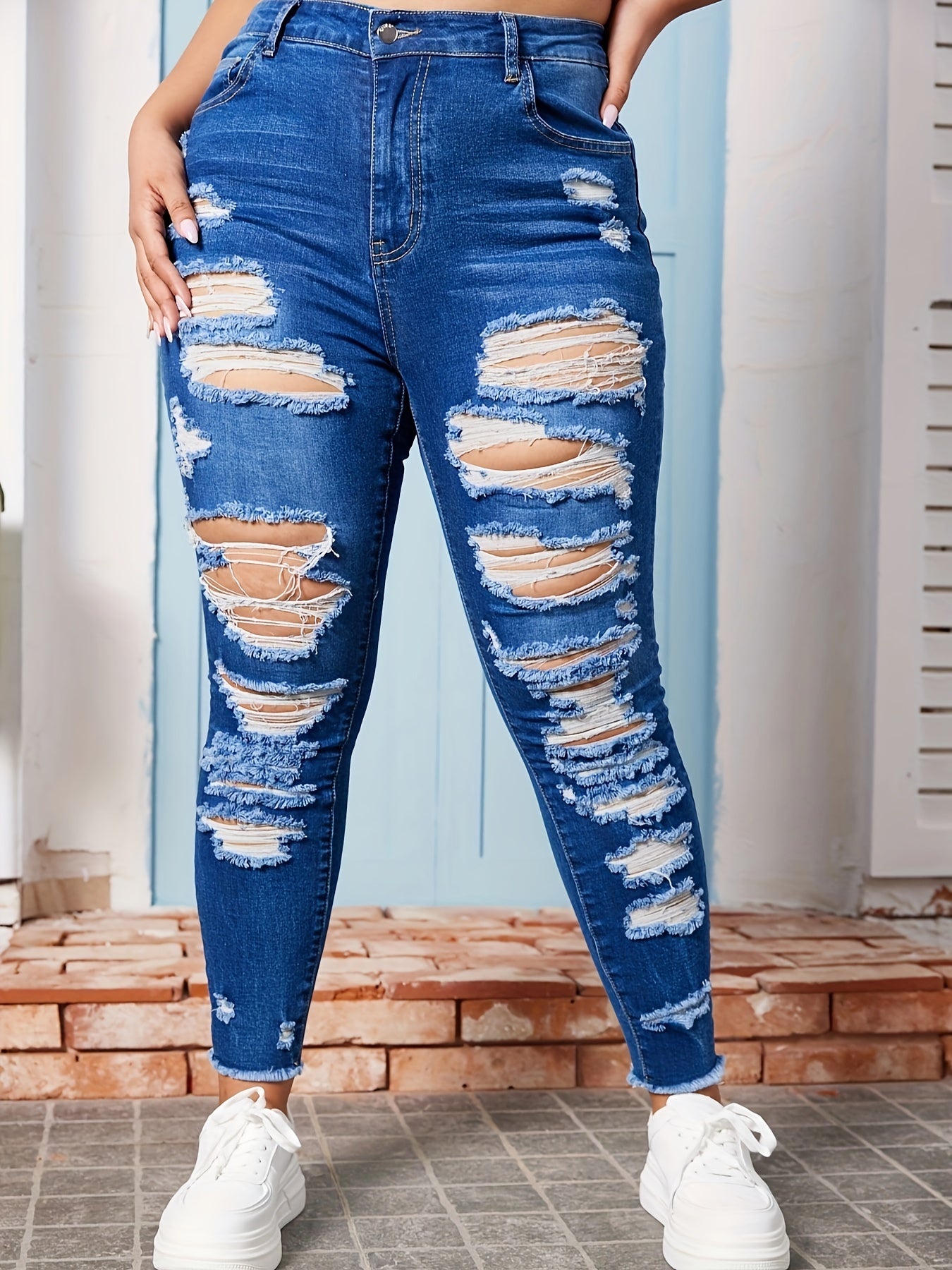 Plus Solid Button Fly Ripped Fringe Trim High Rise Skinny Jeans