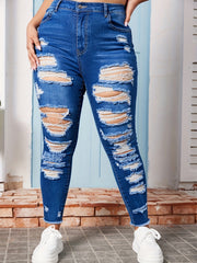 Plus Solid Button Fly Ripped Fringe Trim High Rise Skinny Jeans