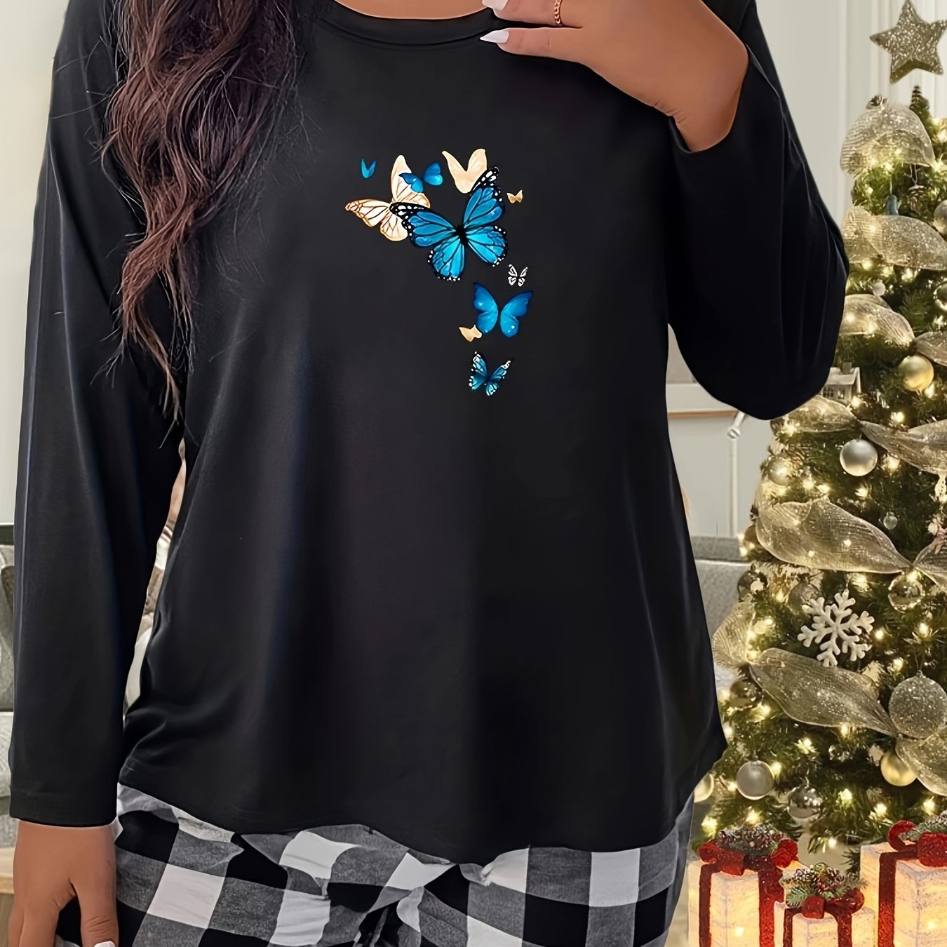 Women's Plus Butterfly Print Long Sleeve Crew Neck Home Wear Tee