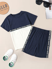 Boys Letter Block Outfit Shorts & T shirt Short Sleeves Crew Neck Casual Summer