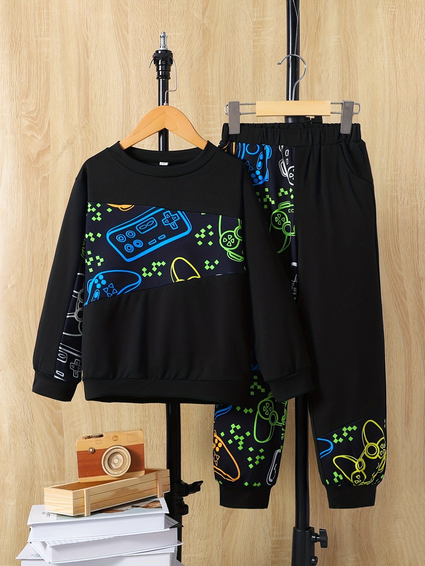 Boys Floral Print Long-Sleeve Sweatpants Set