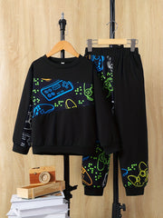 Boys Floral Print Long-Sleeve Sweatpants Set