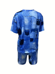 Patchwork Casual Two piece Set Crew Neck Short Sleeve T shirt & Slim Shorts