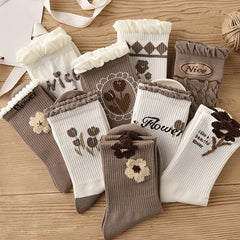 5 Pairs Floral Print Ruffle Socks Breathable Women's Stockings