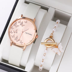 Girls Quartz Watch & Butterfly Pendant Bracelet Gift Set