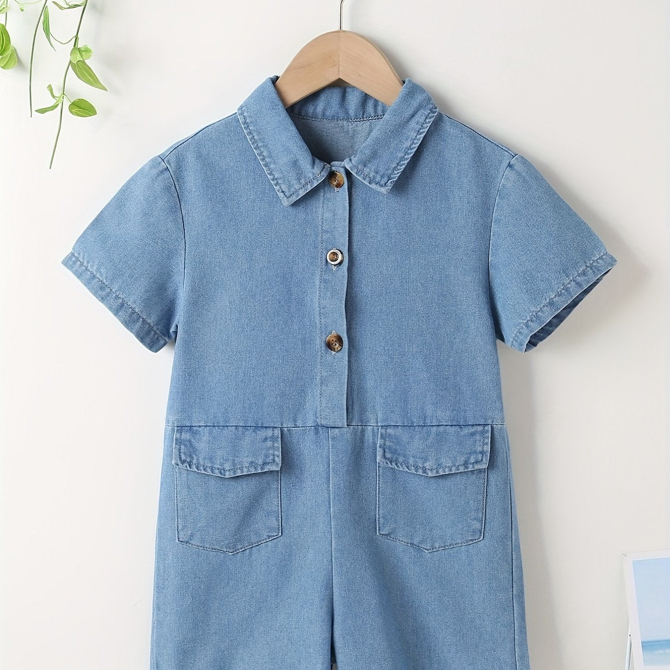 Girls Denim Overall Romper Shorts - Kids Casual Collared Short Sleeve