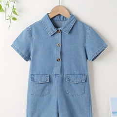 Girls Denim Overall Romper Shorts - Kids Casual Collared Short Sleeve