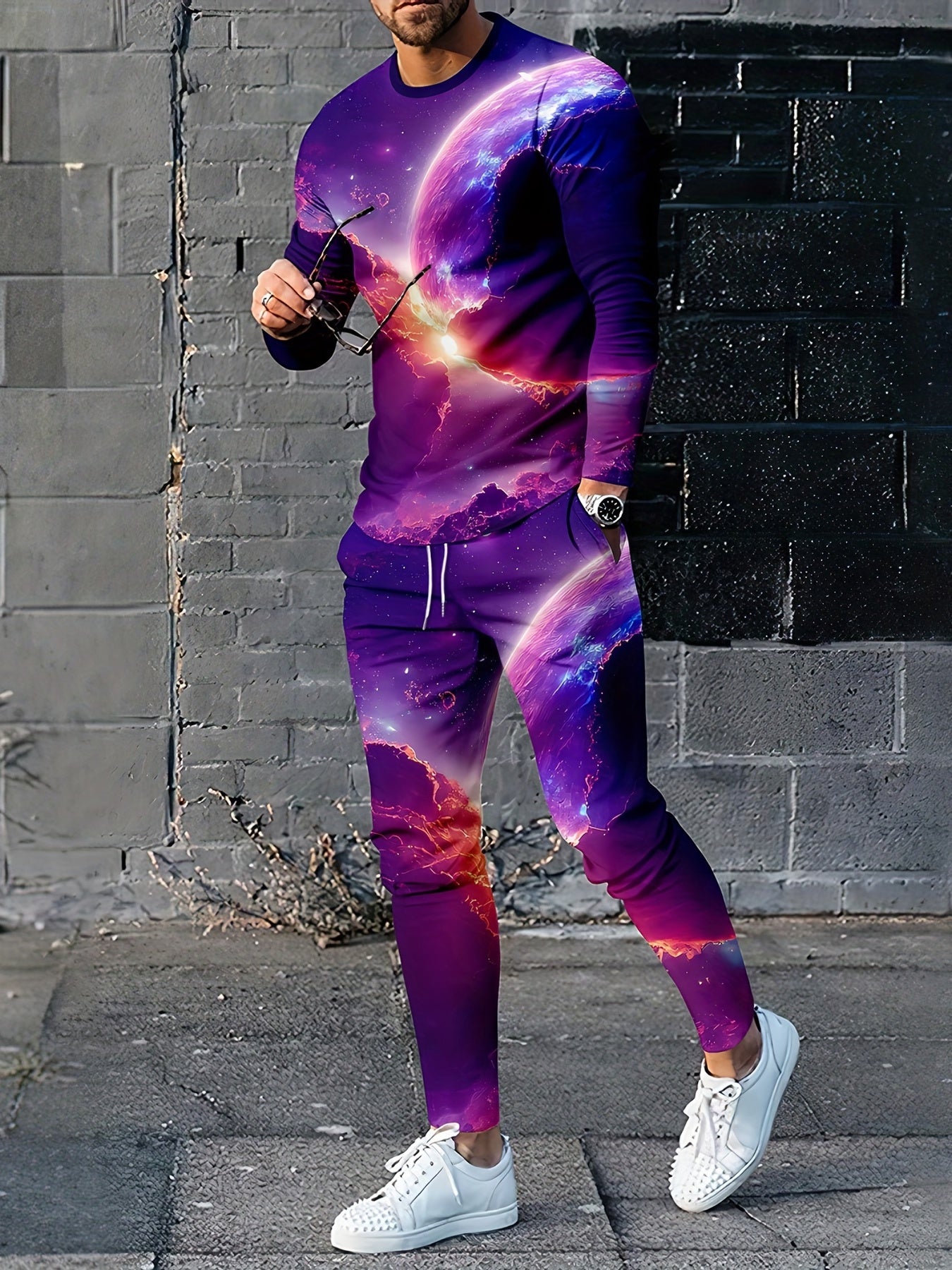 Digital Pattern Print Men's Long Sleeve Tee & Casual Sweatpants Set