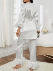 Feather Trim Satin Pajama Set & Robe