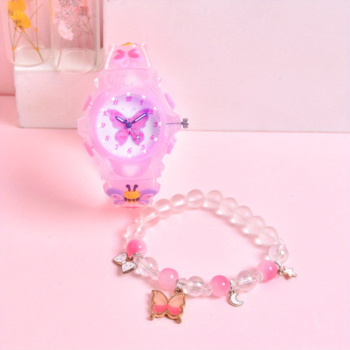 Girls' 3D Butterfly Silicone Strap Watch Set