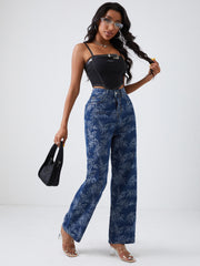 Leaf Print Straight Jeans High Waist Denim Pants