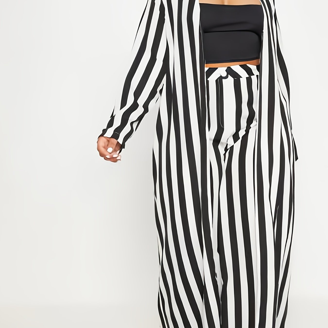 Women's Plus Stripe Print Cardigan & Wide Leg Pants Outfit Set