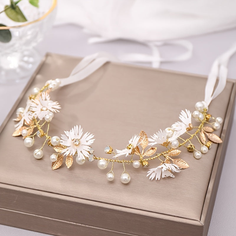 Faux Pearl Flower Leaf Headband Hairband Tiara for Bridal Wedding