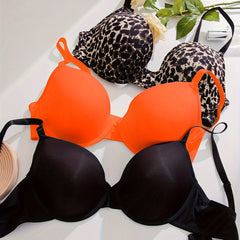3 Pack Sexy Plus Bras Set Solid & Leopard Print Underwire Everyday 3pcs