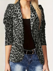 Women's Plus Leopard Print Long Sleeve Lapel Collar Blazer