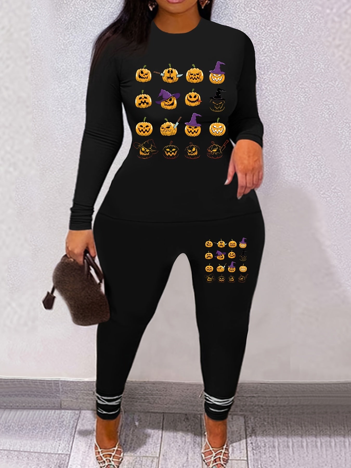 Women's Plus Pumpkin Print Top & Leggings Outfits 2 Piece Set