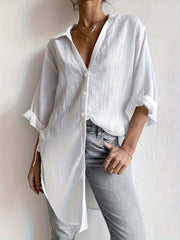 Sexy Blouse Women's Plus Solid Long Sleeve Button Up V Neck Tunic