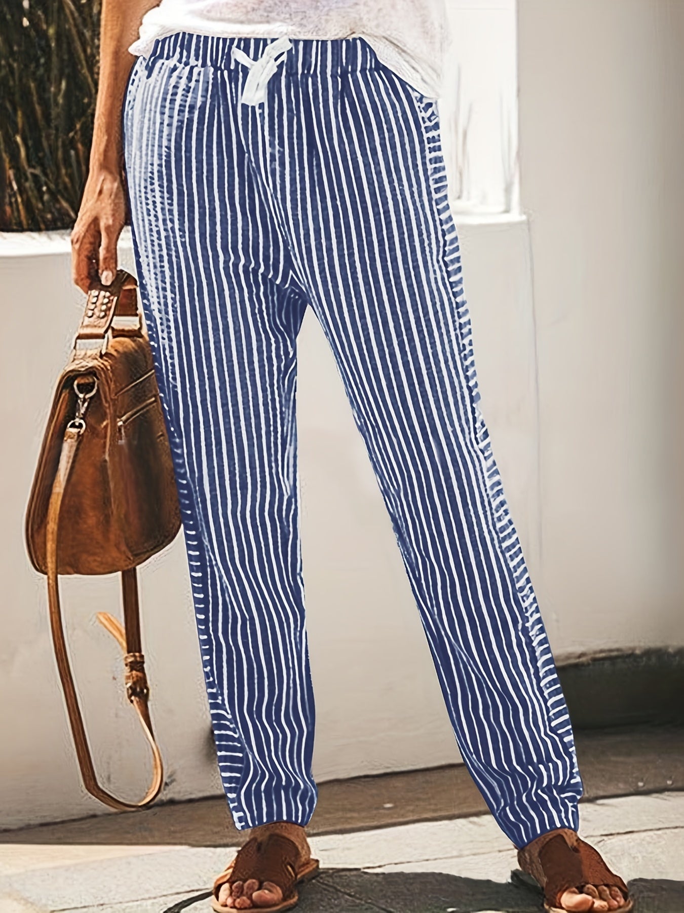 Striped Straight Leg Pants High Waist Drawstring