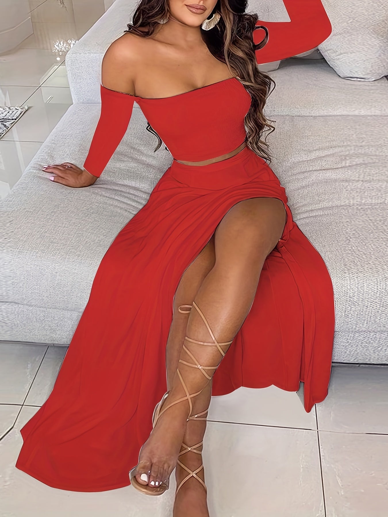 Boho Two piece Skirt Set Off Shoulder Crop Top & Midi Skirt Outfit