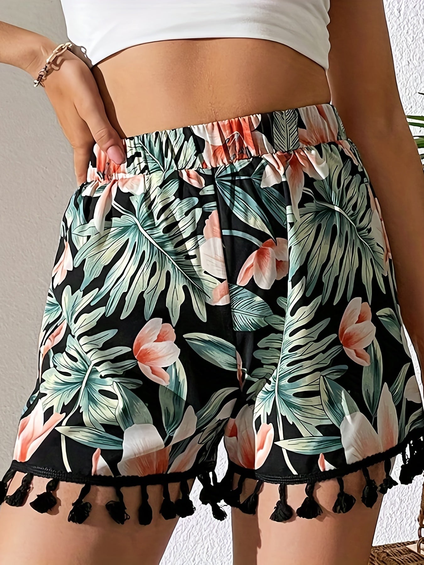 Floral Print Tassel Decor Shorts for Spring & Summer