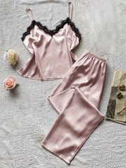 Lace Trim Pajama Set V Neck Cami Top & Pants Women's Sleepwear